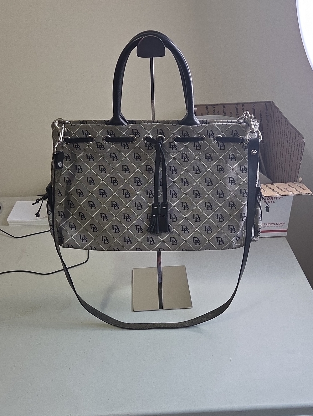 Dooney & Bourke Beige Logo Satchel with Black Trim